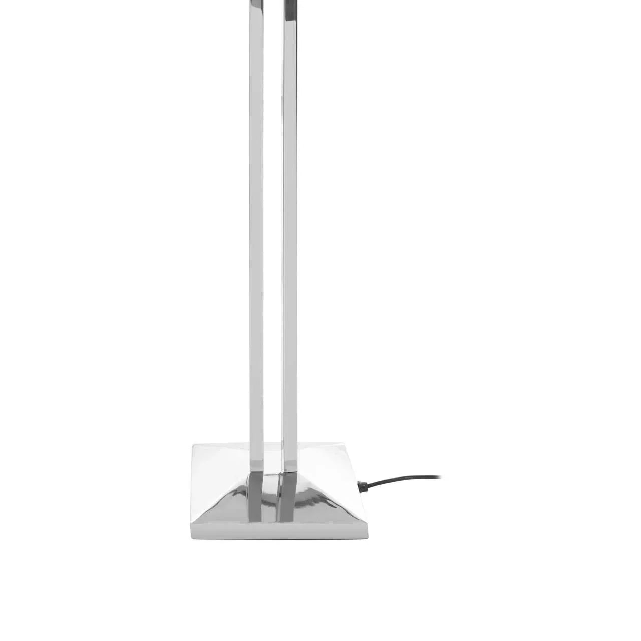Chrome floor lamp base with dual slim supports and black power cord on white background