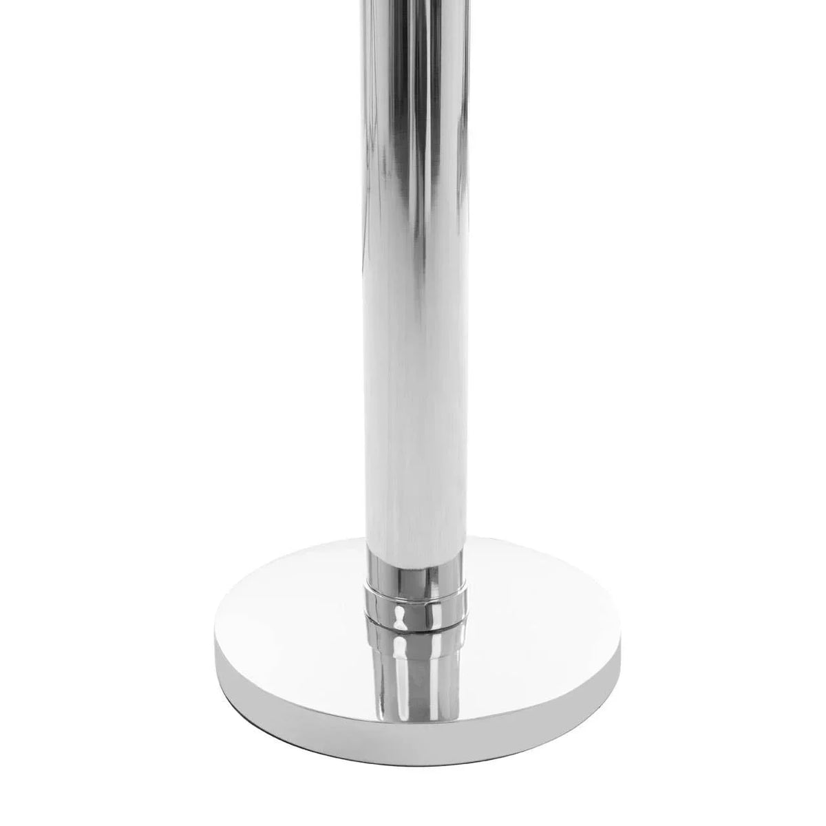 Chrome steel round table base with reflective finish on white background