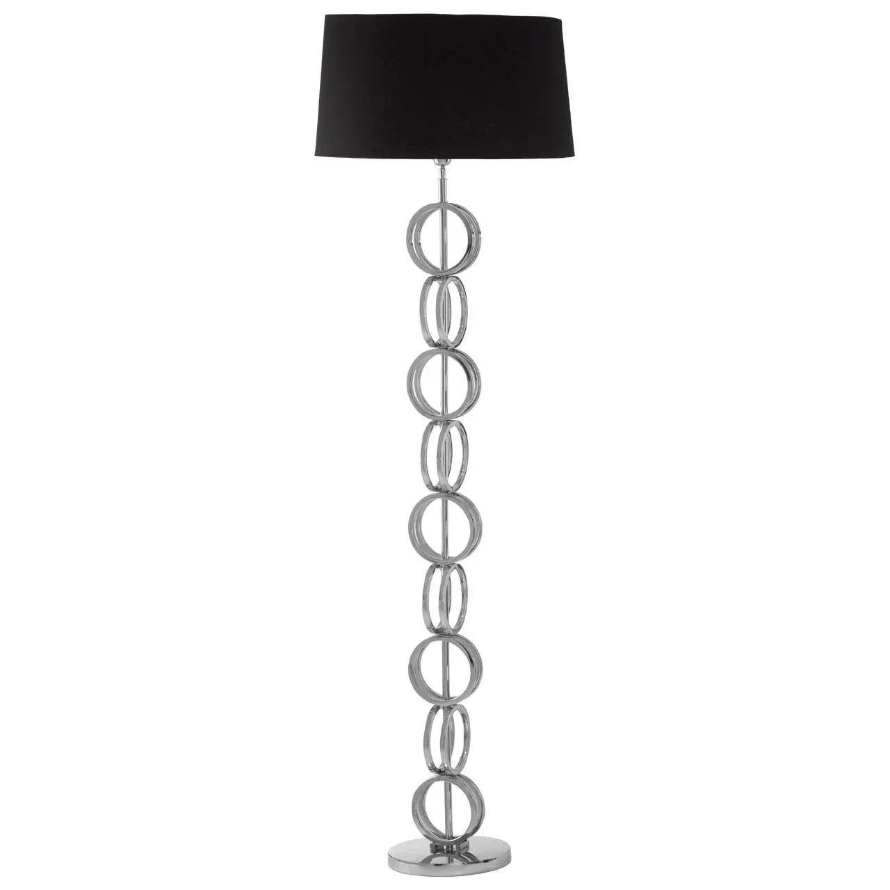 chrome floor lamp with black drum shade and circular ring base