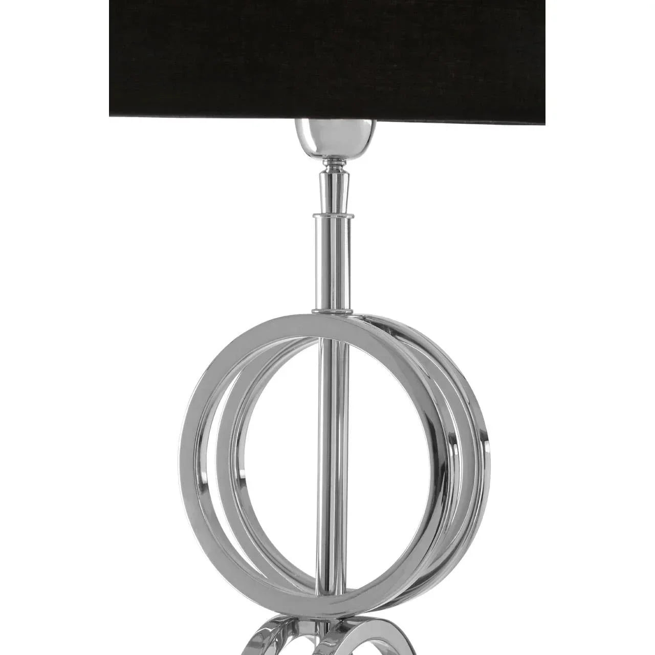 Chrome table lamp with black lampshade and circular metal base detail