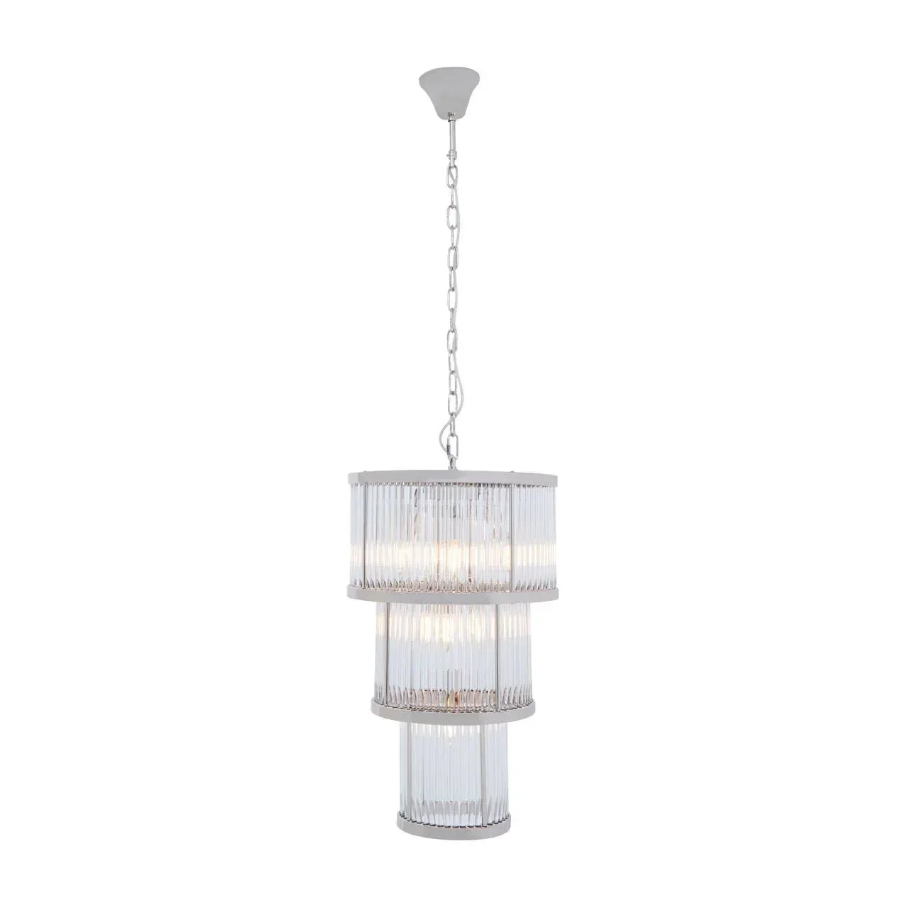 three tier glass pendant light with chrome chain and ceiling fitting