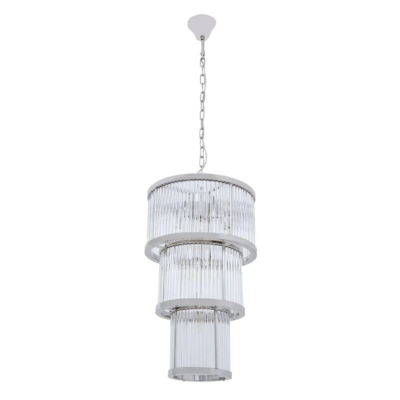Three tier crystal chandelier with chrome finish and chain suspension