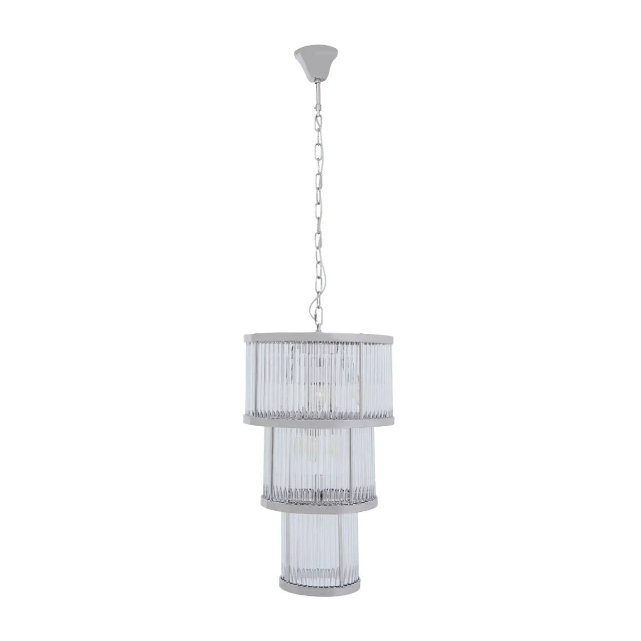 Three tier glass and chrome pendant ceiling light with chain fitting