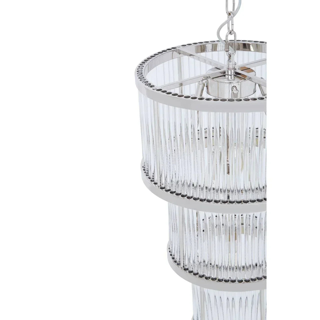 Chrome and glass chandelier with vertical rods and hanging chain, close-up side view