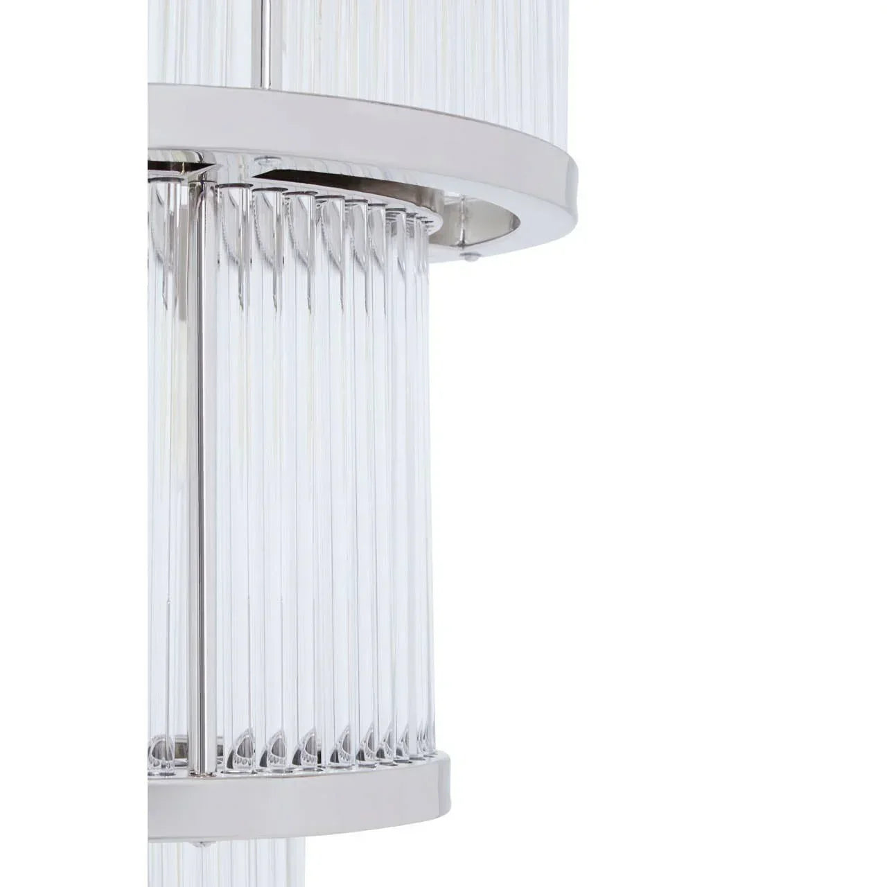 Close-up of modern glass chandelier with chrome frame and vertical clear glass rods