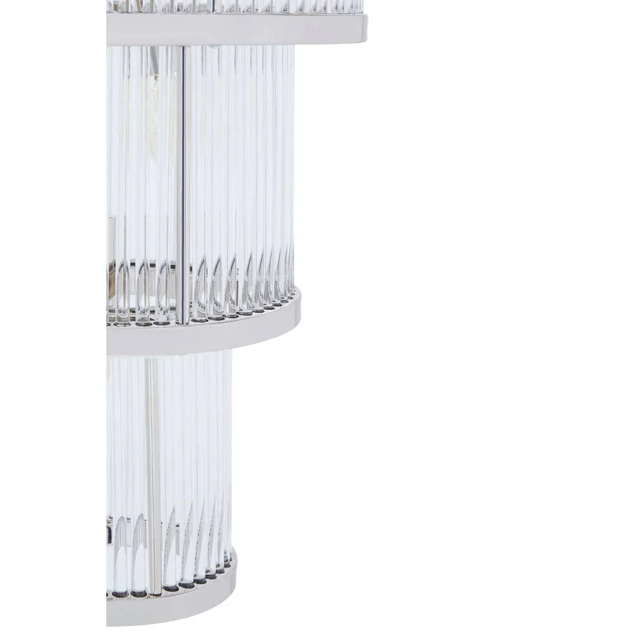 Closeup of chrome and glass tiered pendant light fitting with vertical glass rods