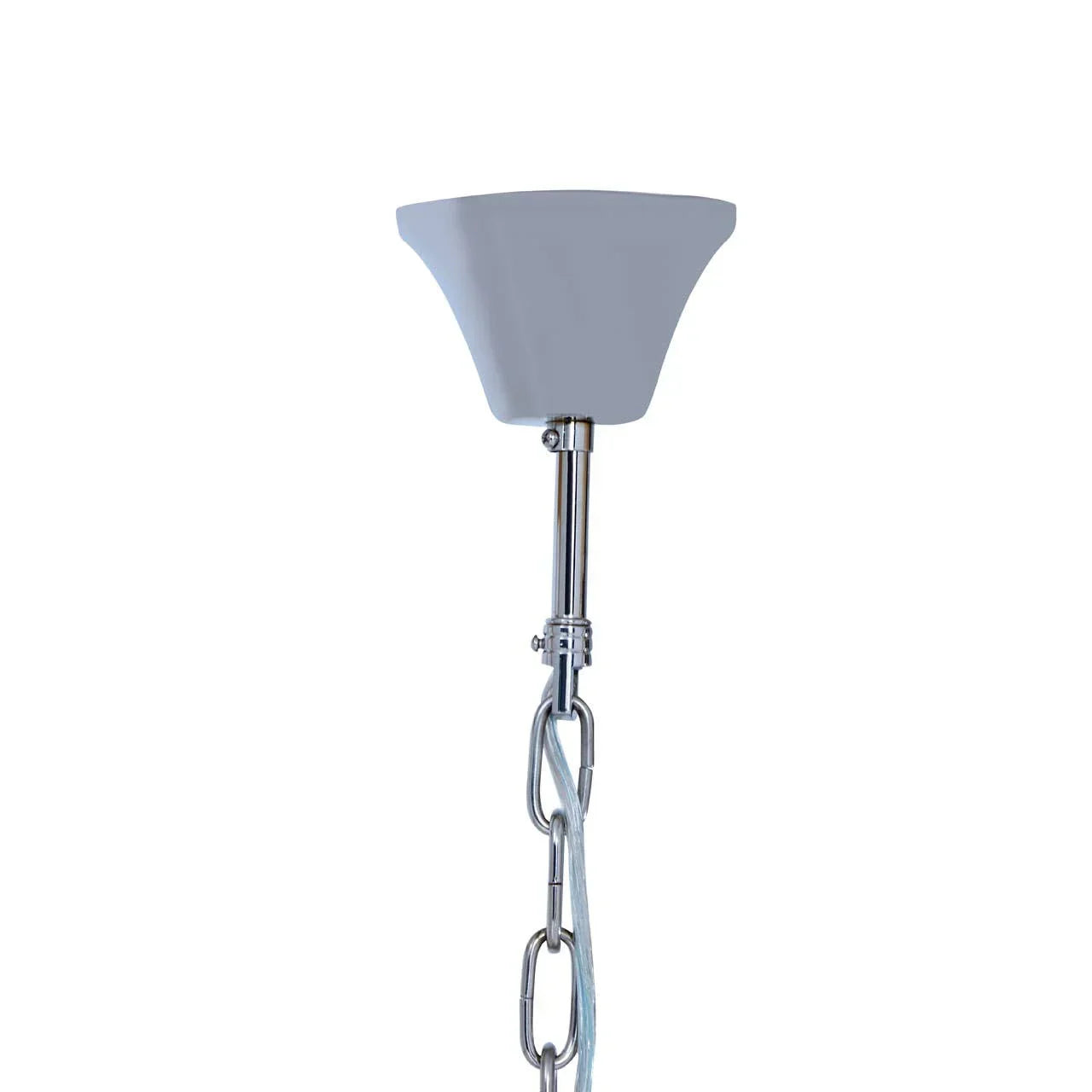 Chrome ceiling light pendant chain with white ceiling rose and visible wiring