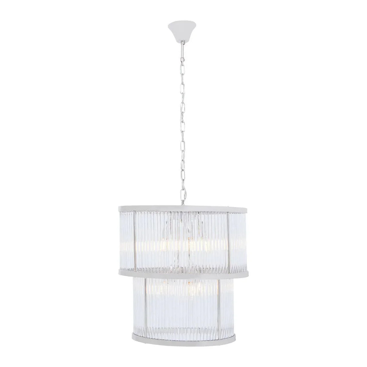 Modern glass pendant light with double drum shade and chrome chain suspension