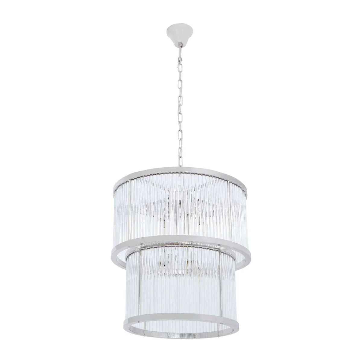 Modern glass pendant light with double drum shade and chrome finish, ceiling mounted