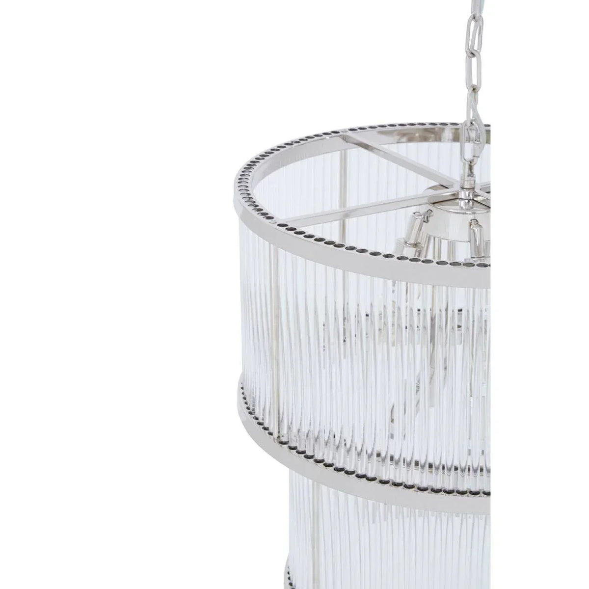 Modern glass and chrome chandelier with vertical rods and metal chain hanging detail