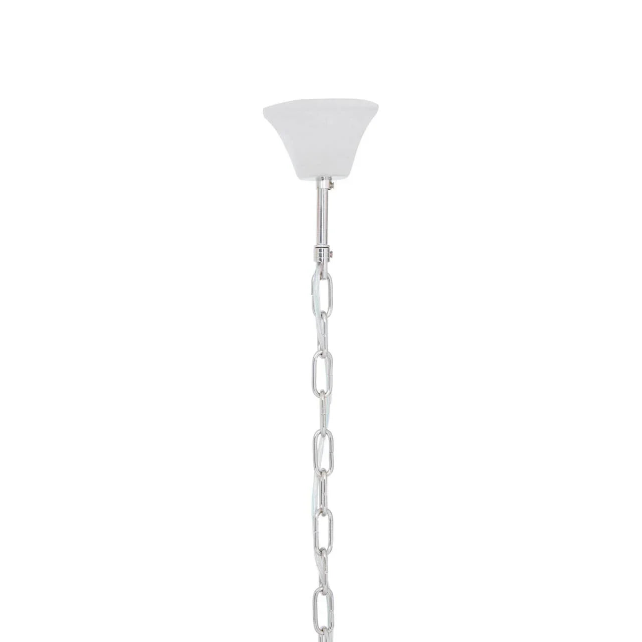 Ceiling light chain with chrome finish and white ceiling rose, close-up against white background