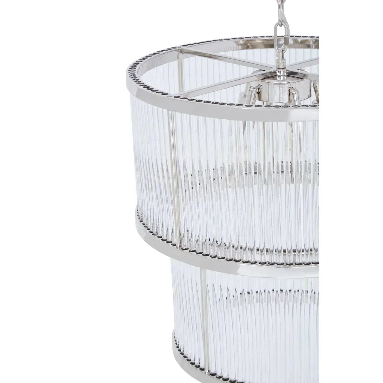 Close up of modern glass and chrome pendant light with two-tier round frame