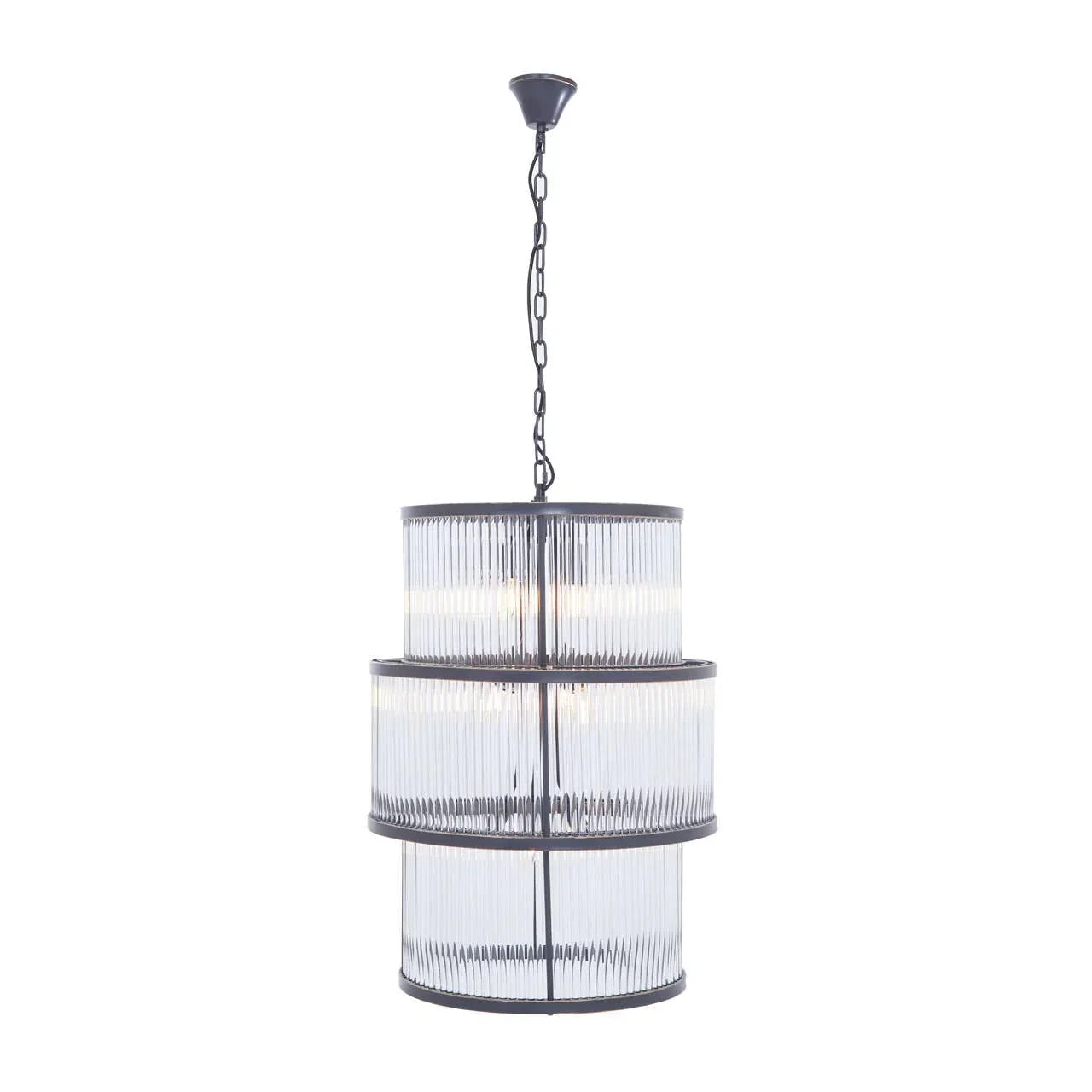 Tiered glass pendant light fixture with black metal frame and visible bulbs