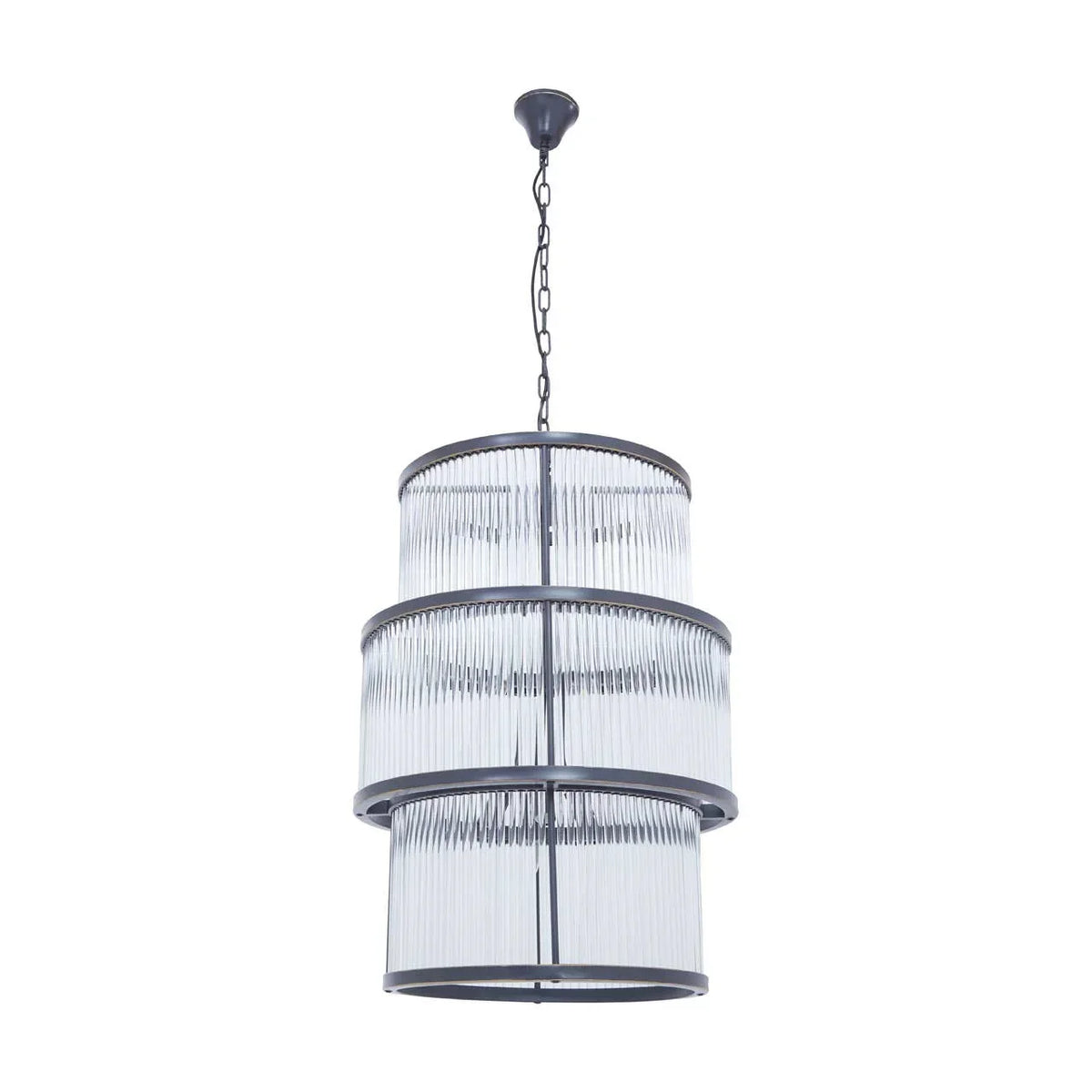 Three tier glass and metal pendant chandelier with clear ribbed glass shades