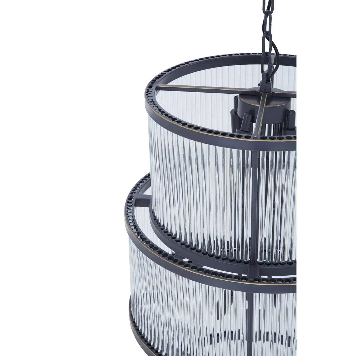 Closeup of two-tier glass and metal chandelier with black chain hanging detail