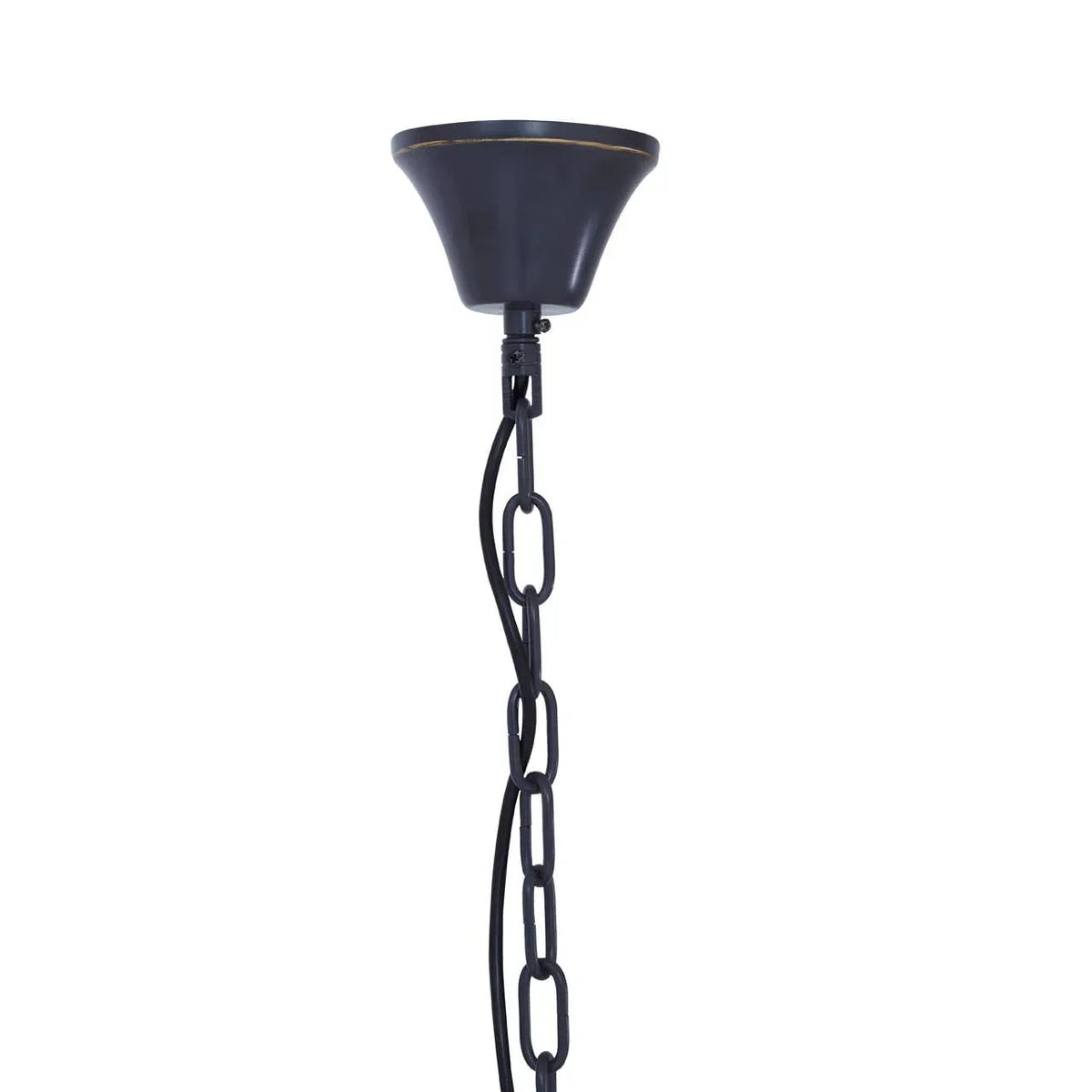 Black ceiling light suspension chain with hook and electric cable detail