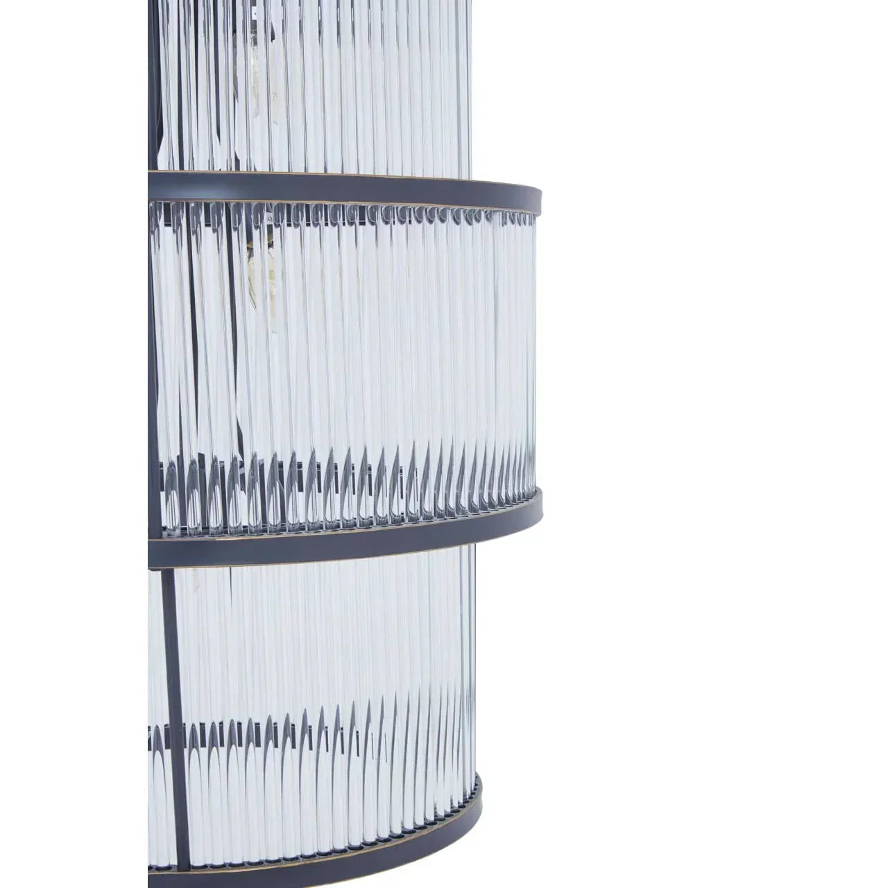 Close-up of a modern ribbed glass ceiling light with black metal frame