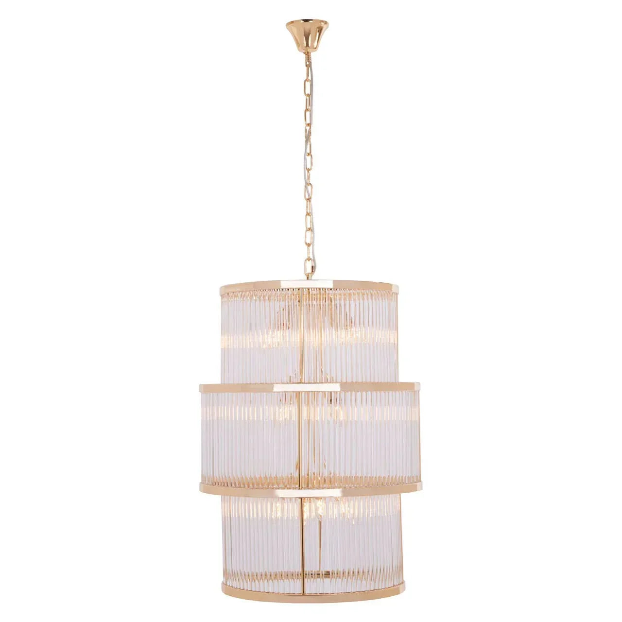Gold and glass three-tier chandelier with vertical glass rods and chain suspension