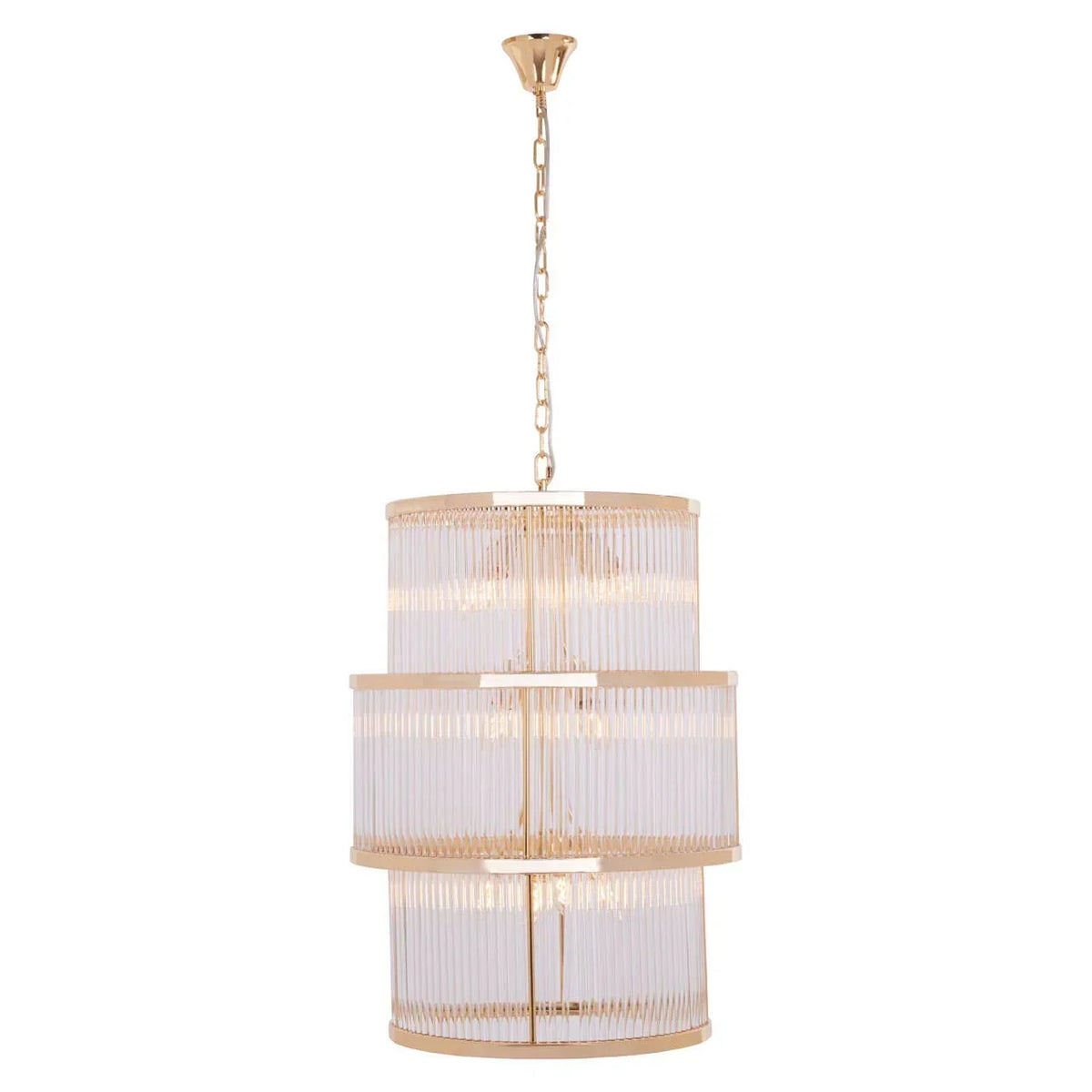 Gold and glass three-tier chandelier with vertical glass rods and chain suspension