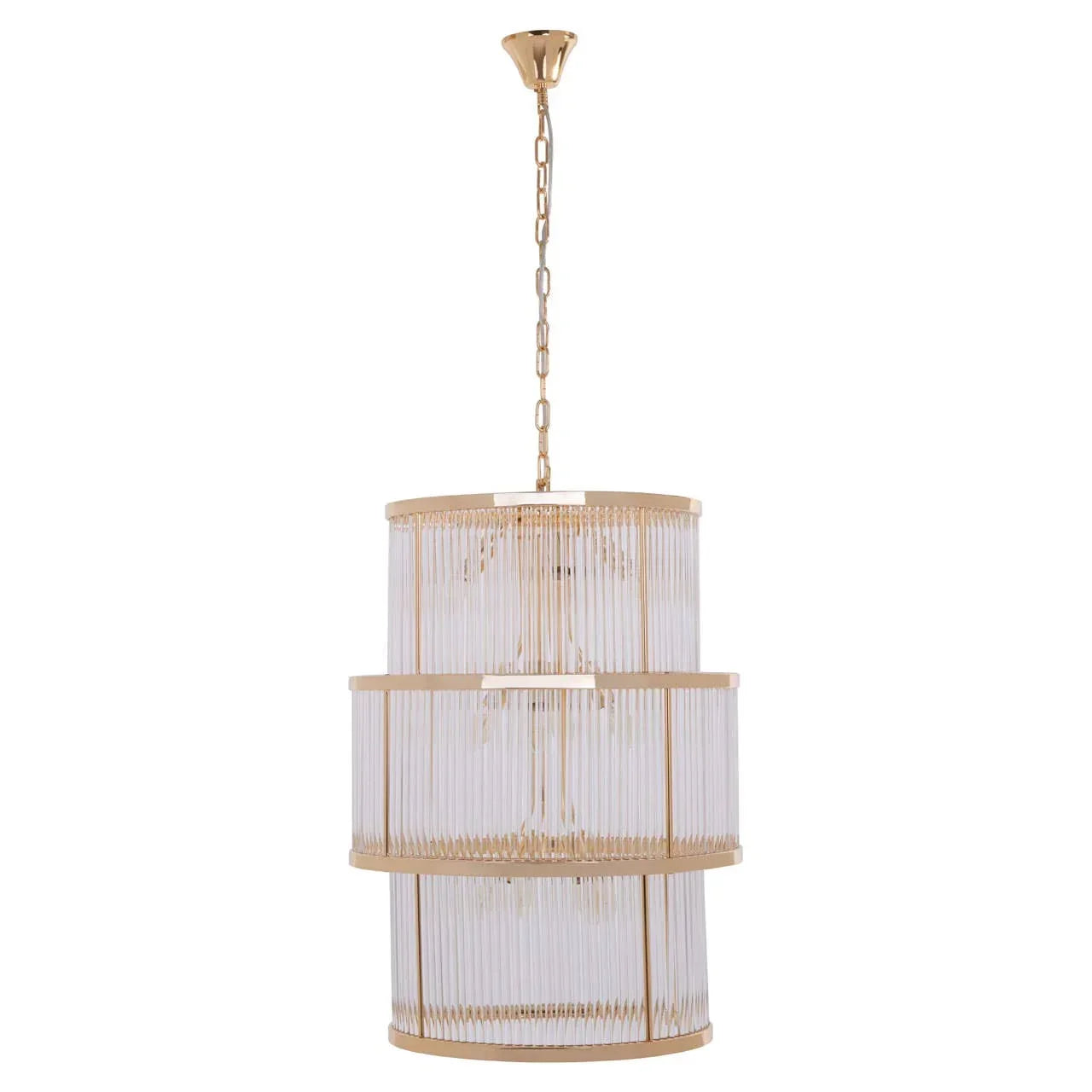 Gold and glass pendant light with tiered cylindrical design, hanging from ceiling chain
