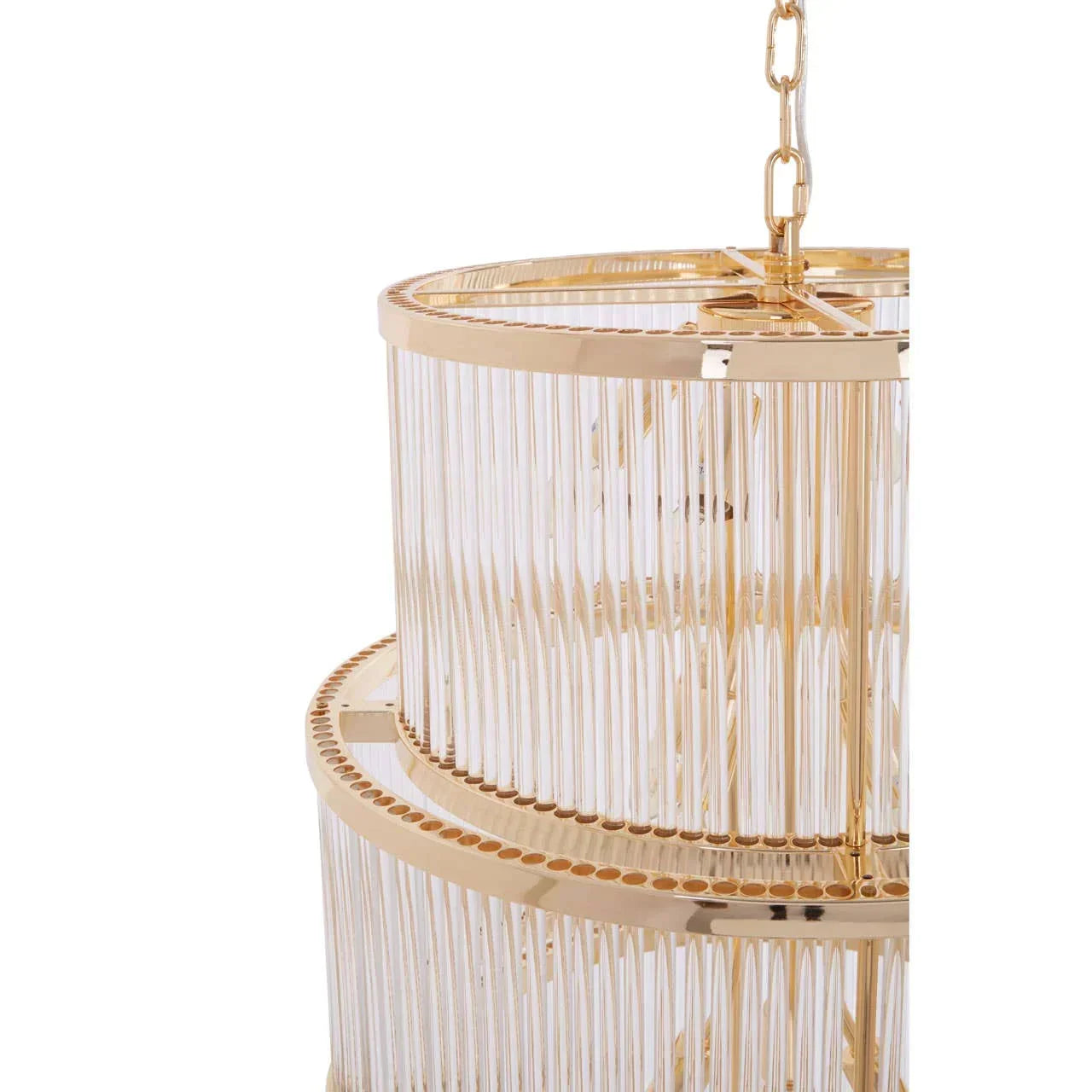 Gold frame chandelier with clear glass rods and chain detail, close-up side angle
