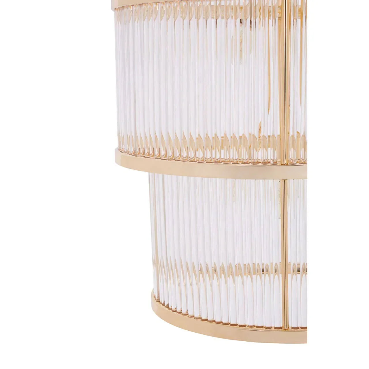 Gold and glass chandelier tiers with vertical rods, close-up view of modern lighting fixture