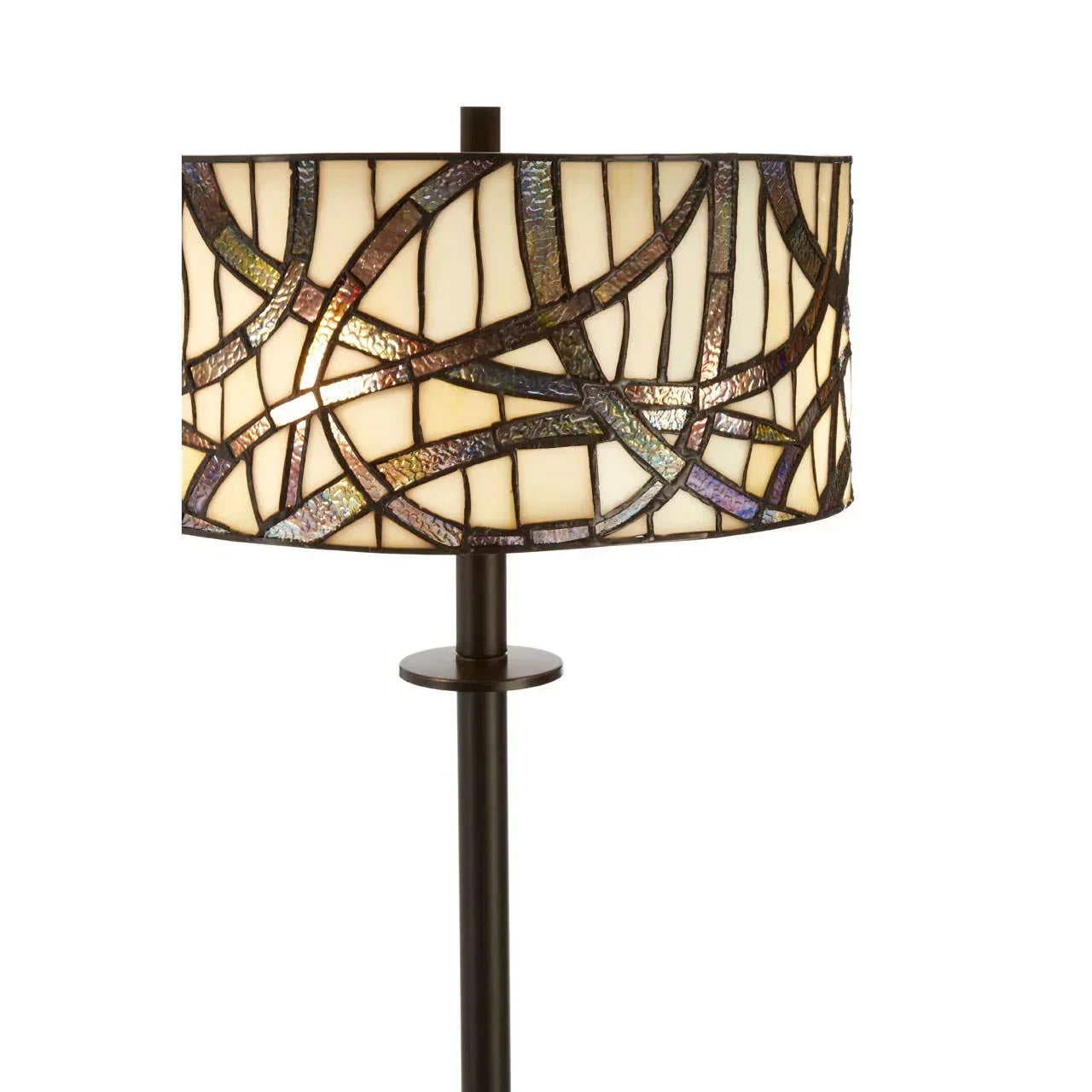 Stained glass table lamp with abstract patterned shade and dark bronze stand