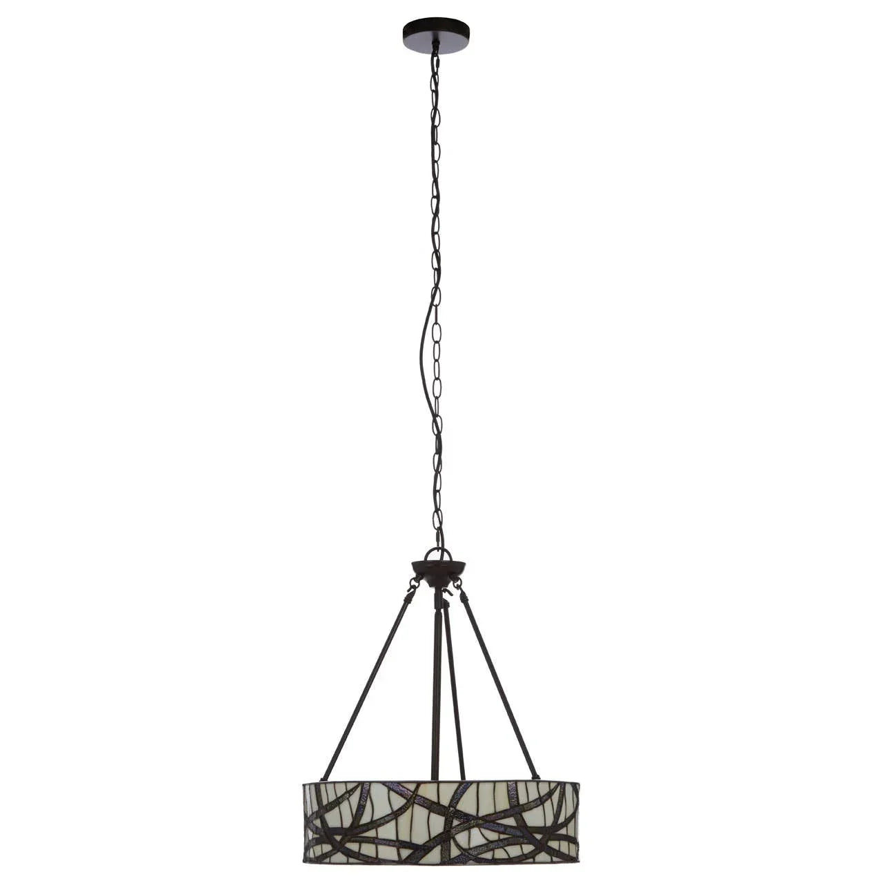Modern stained glass pendant light with black metal frame and chain suspension