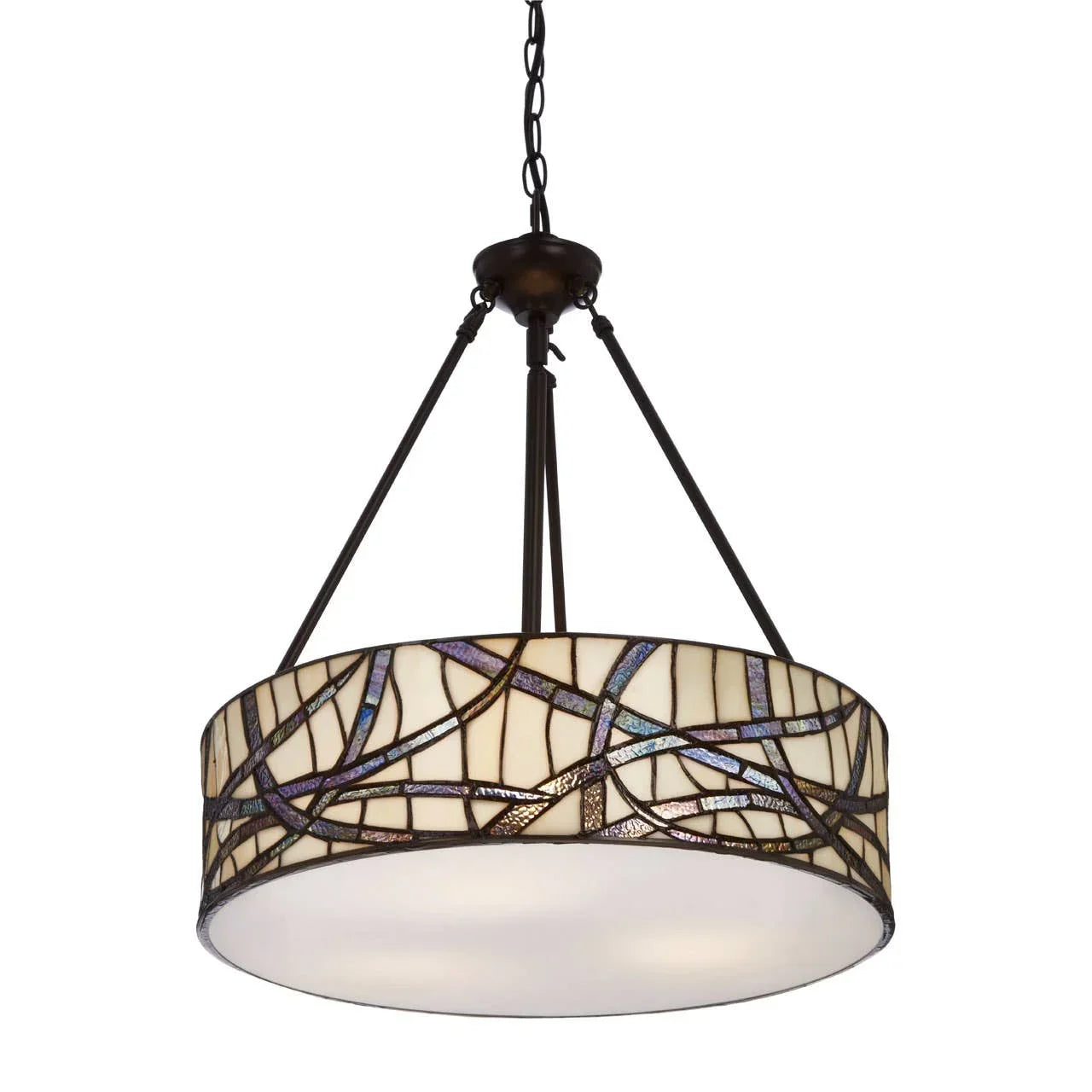 Tiffany style stained glass ceiling light with metal chain and geometric drum shade