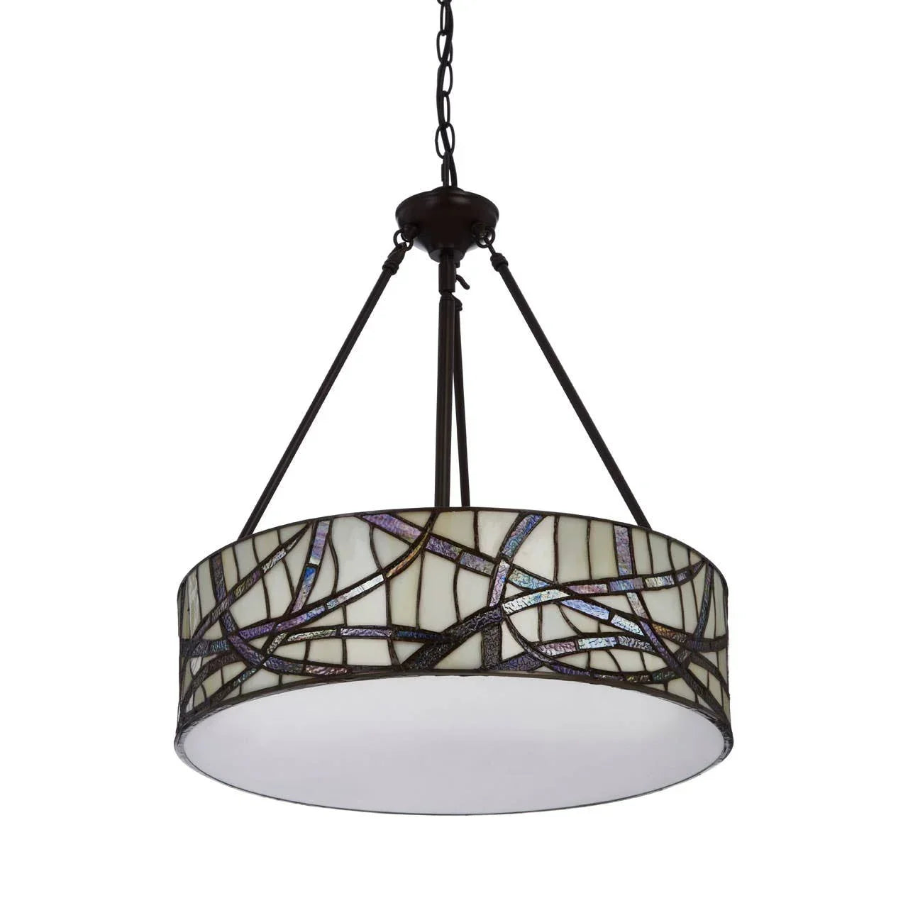 Stained glass ceiling light with mosaic pattern and bronze hanging frame