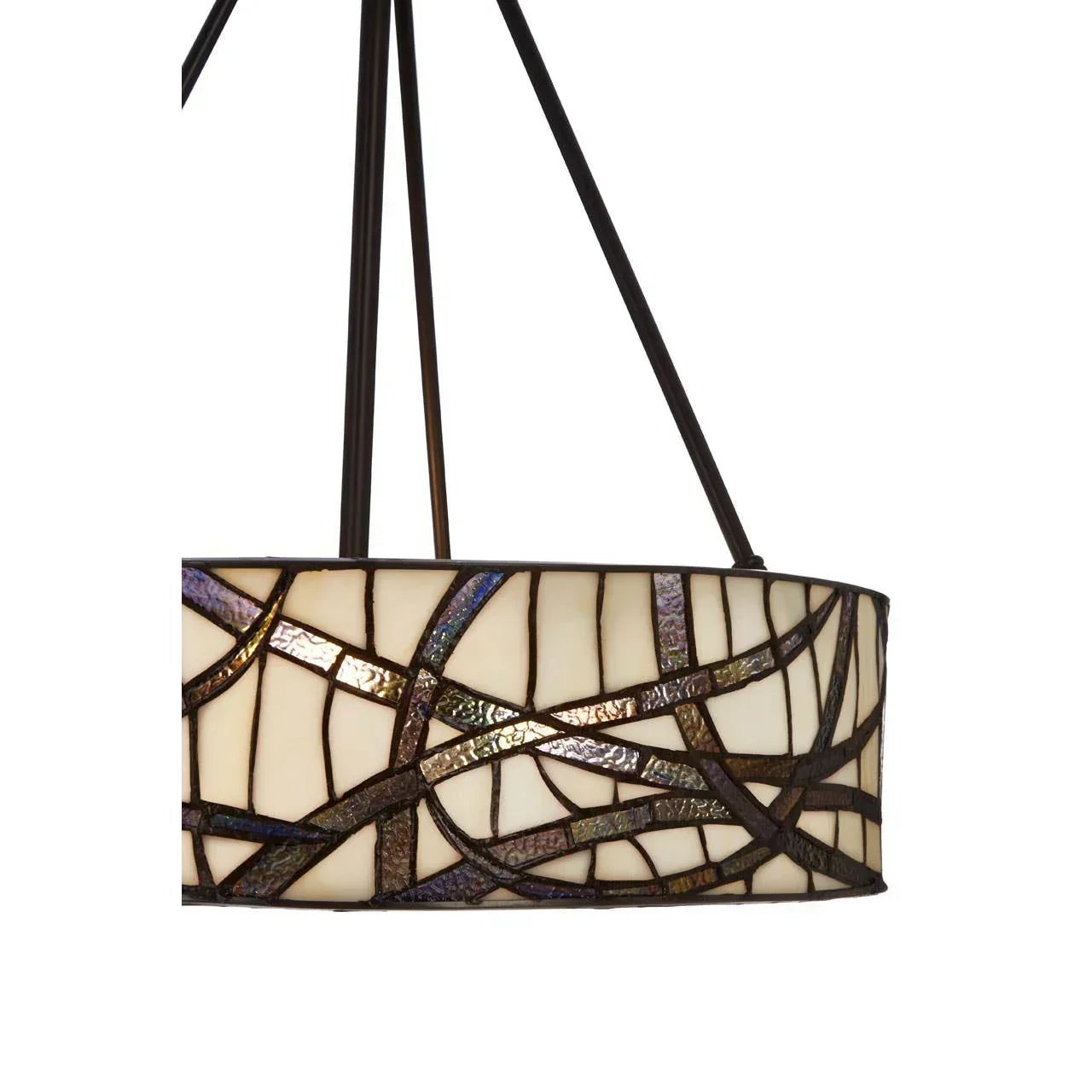 Round stained glass ceiling light with geometric mosaic pattern and metal frame