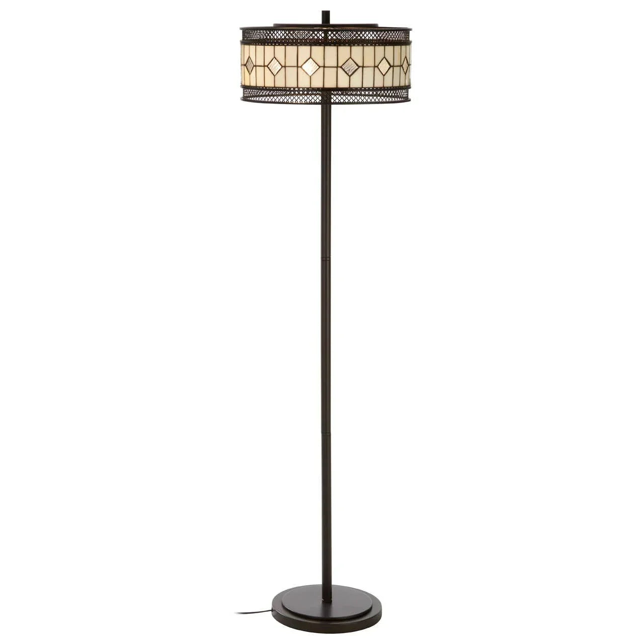 Tall floor lamp with geometric glass shade and black metal base