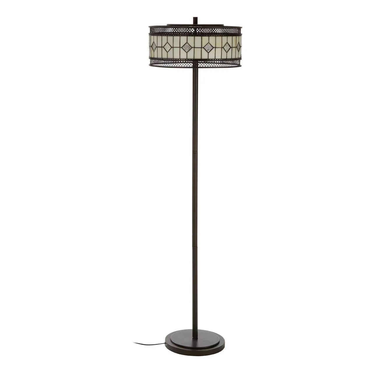 Black metal floor lamp with geometric patterned drum shade and round base