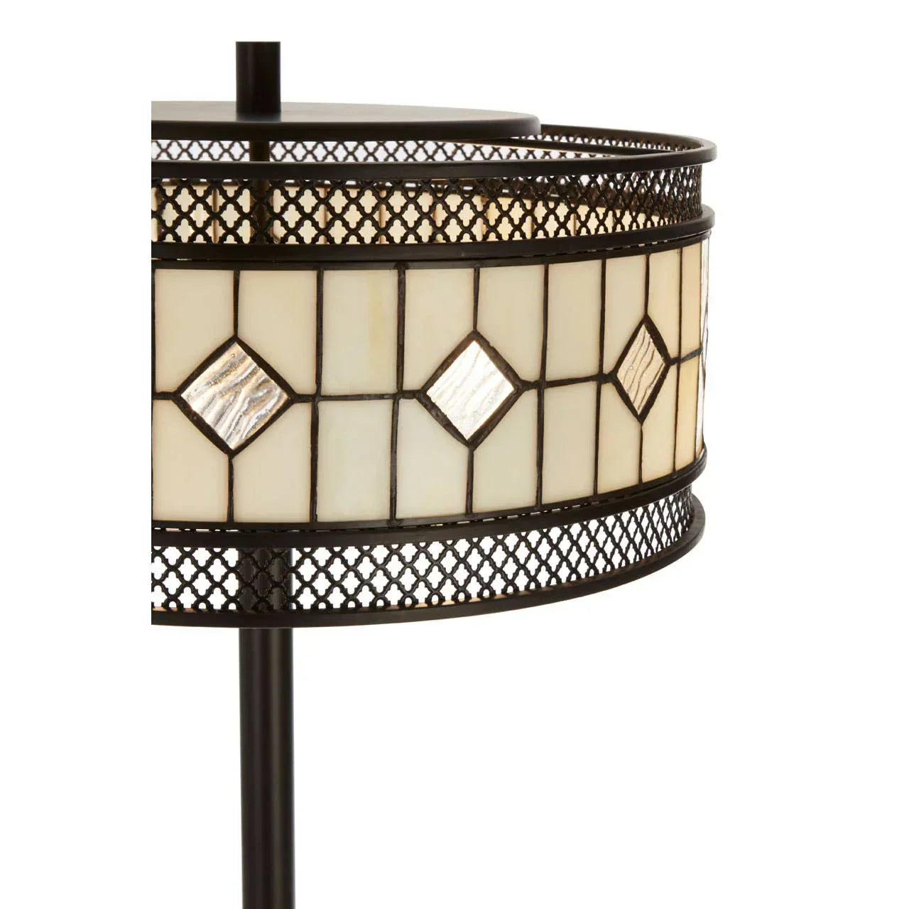 stained glass floor lamp shade with geometric cream and black metal mesh detail