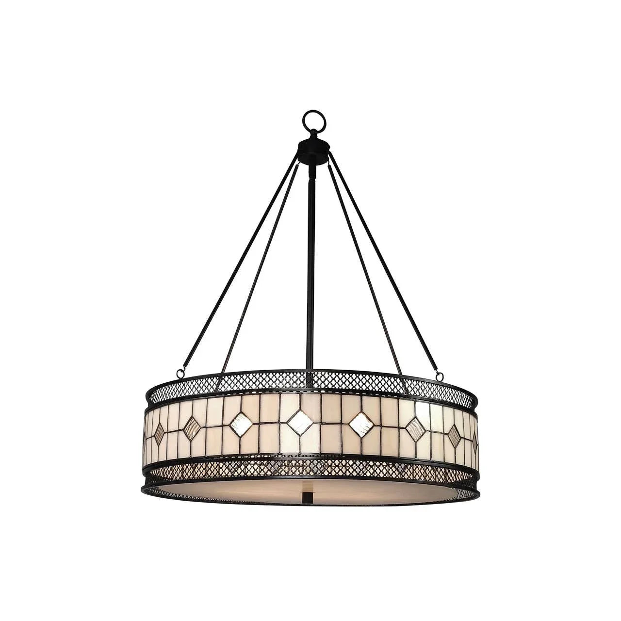 Round stained glass pendant light with geometric design and black metal frame