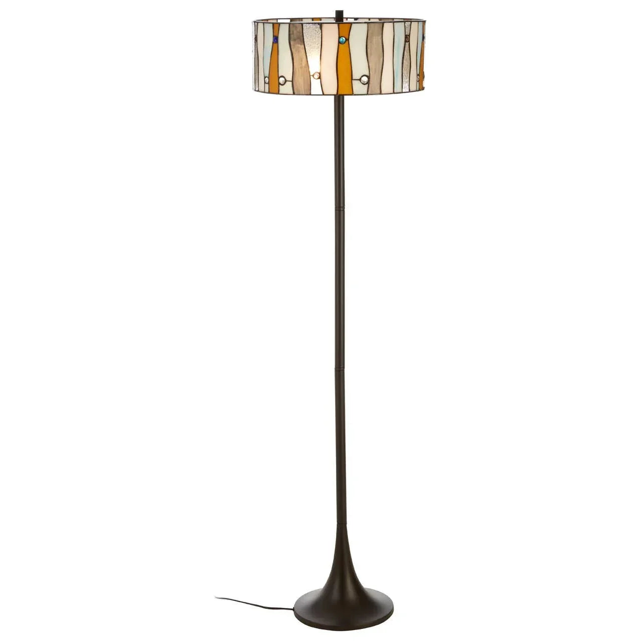 Floor lamp with stained glass shade and black metal base, Art Deco style lighting