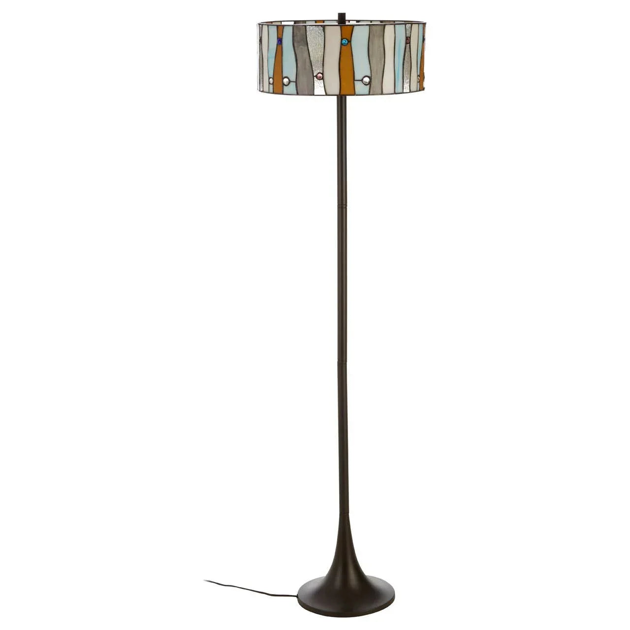Modern floor lamp with bronze stand and stained glass drum shade featuring multicolor pattern