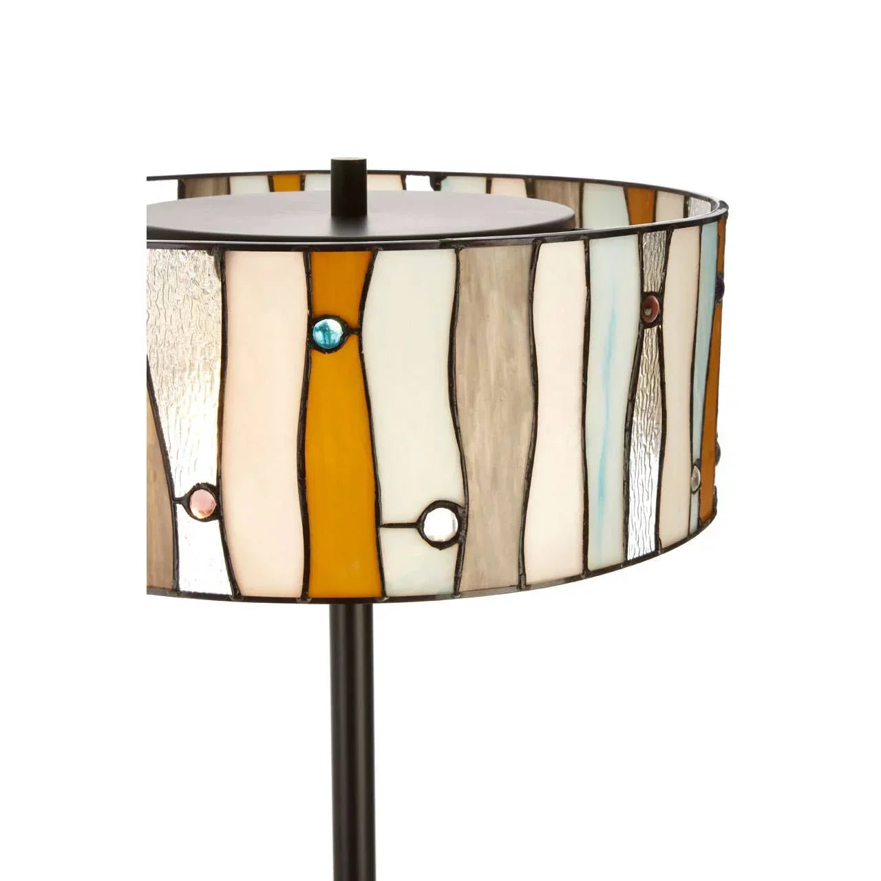 Stained glass floor lamp with multicolor geometric shade and metal base