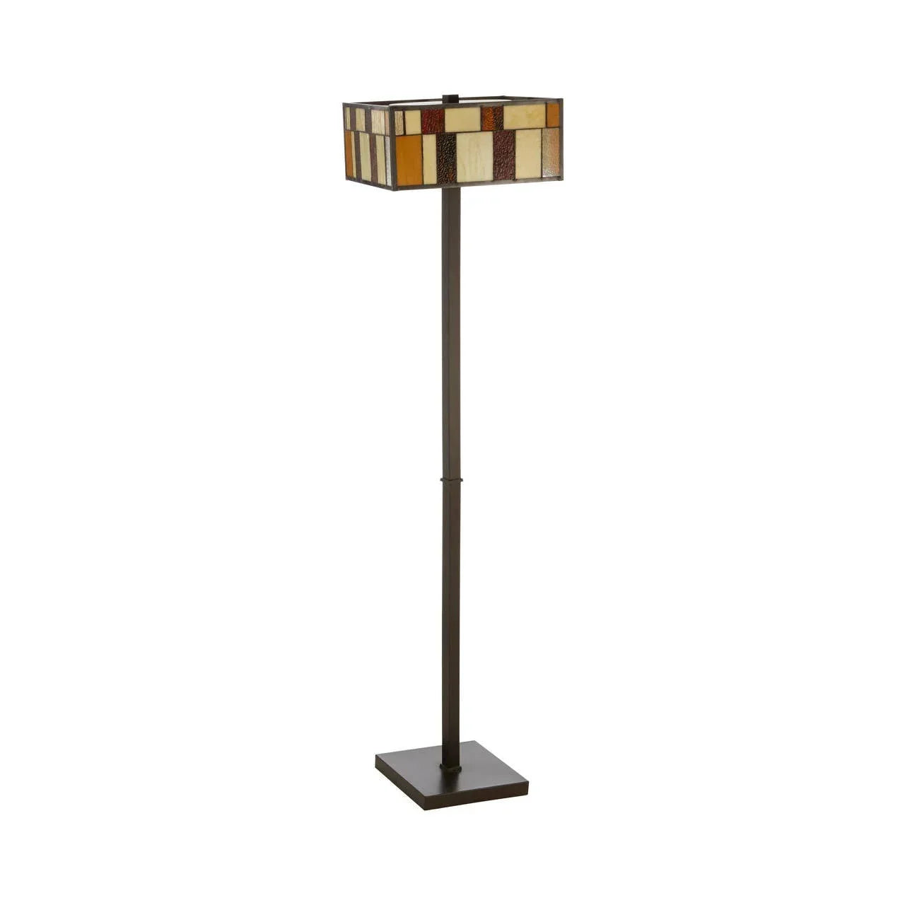 Tall floor lamp with geometric stained glass shade and dark metal stand