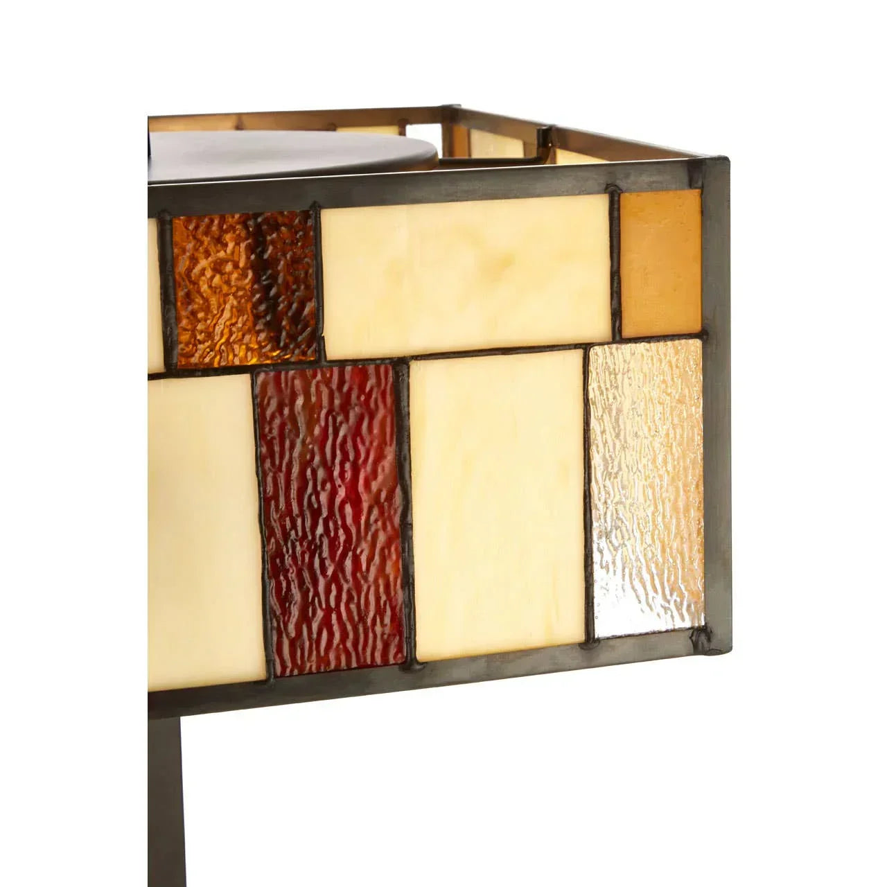 Stained glass side table with mosaic panel in amber, cream, and red glass tiles