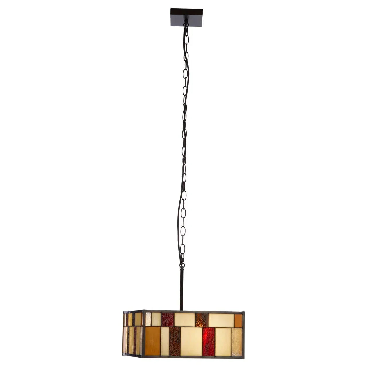 Rectangular stained glass ceiling pendant light with brown and red glass panels