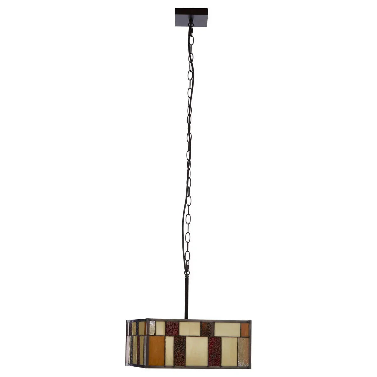Rectangular stained glass pendant light with mosaic pattern and metal chain suspension