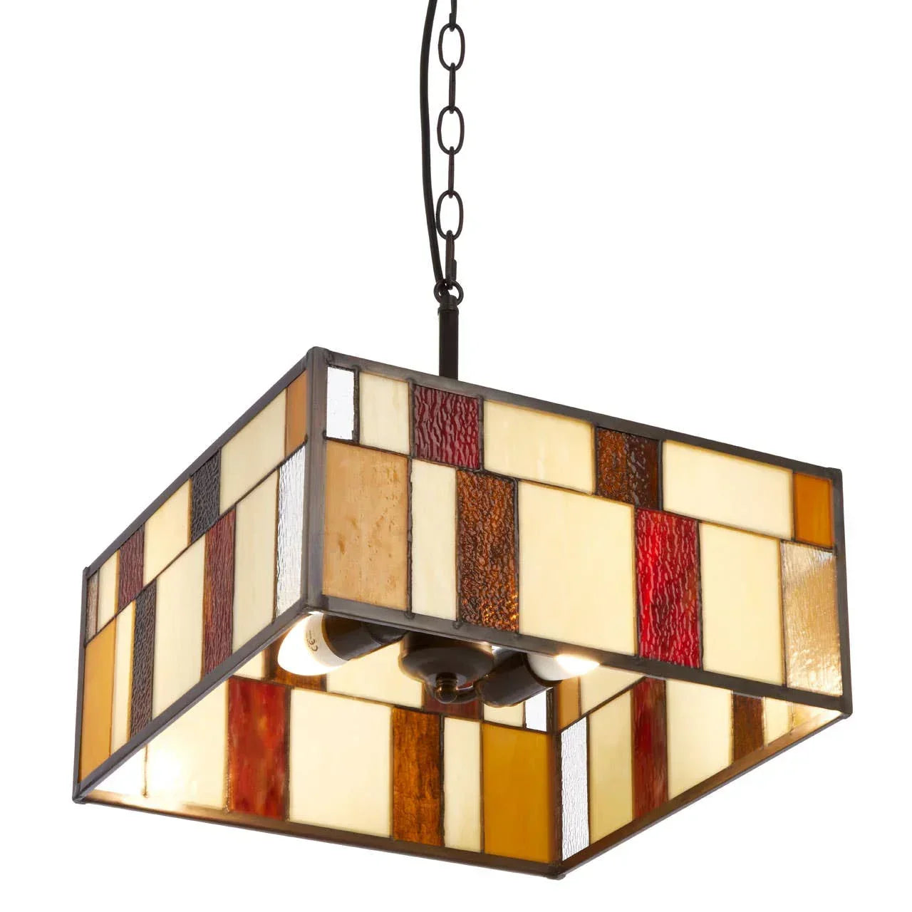 Square stained glass ceiling light with amber, red, and cream panels on black metal frame