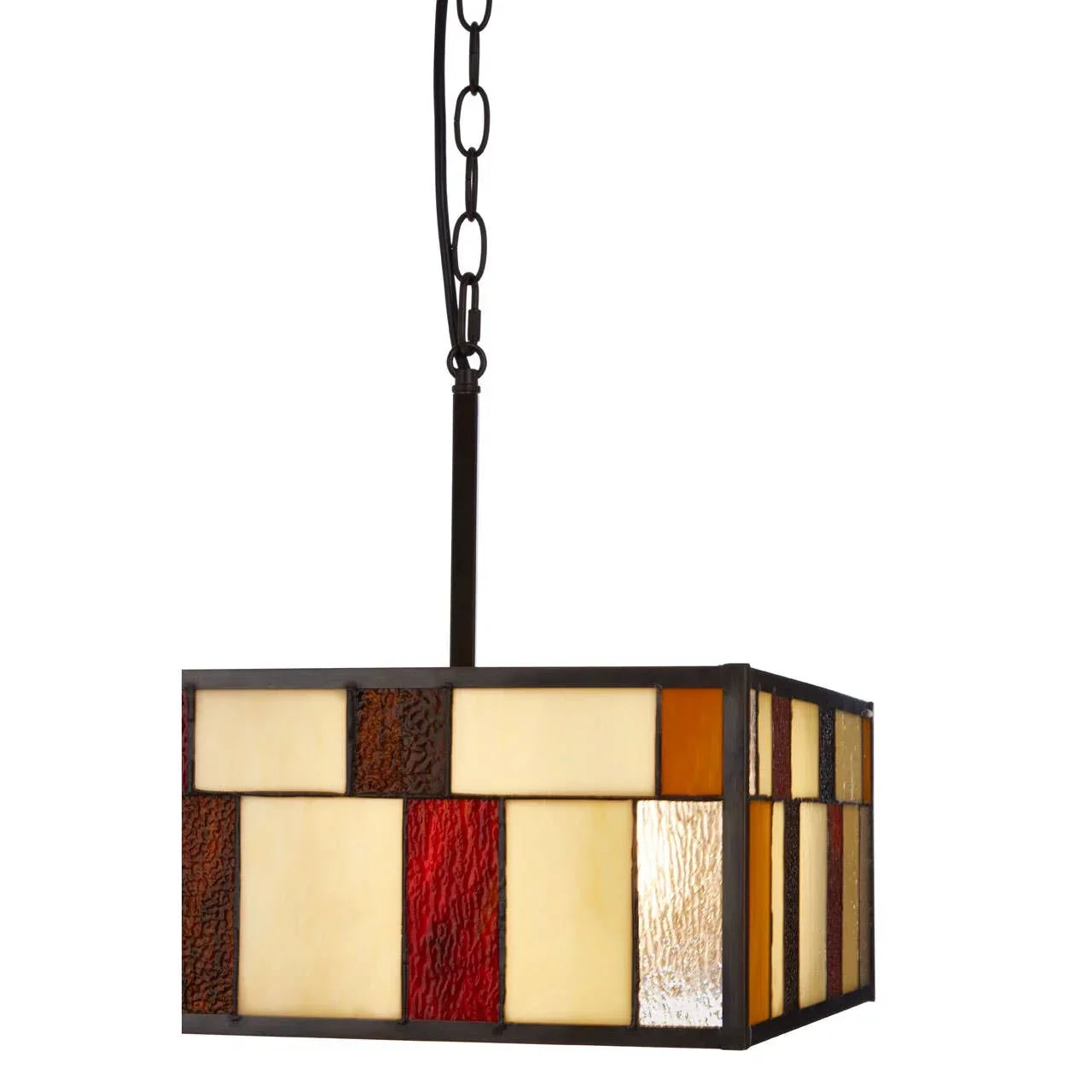 Stained glass pendant light with rectangular geometric panels in amber, cream, and red hues