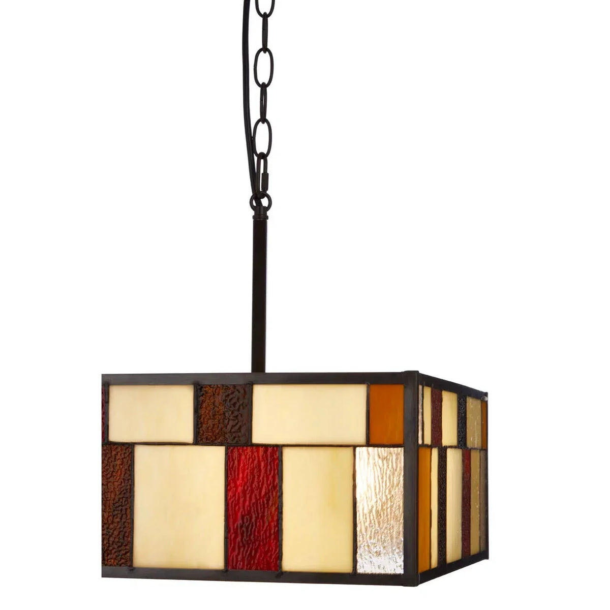 Stained glass pendant light with rectangular geometric panels in amber, cream, and red hues