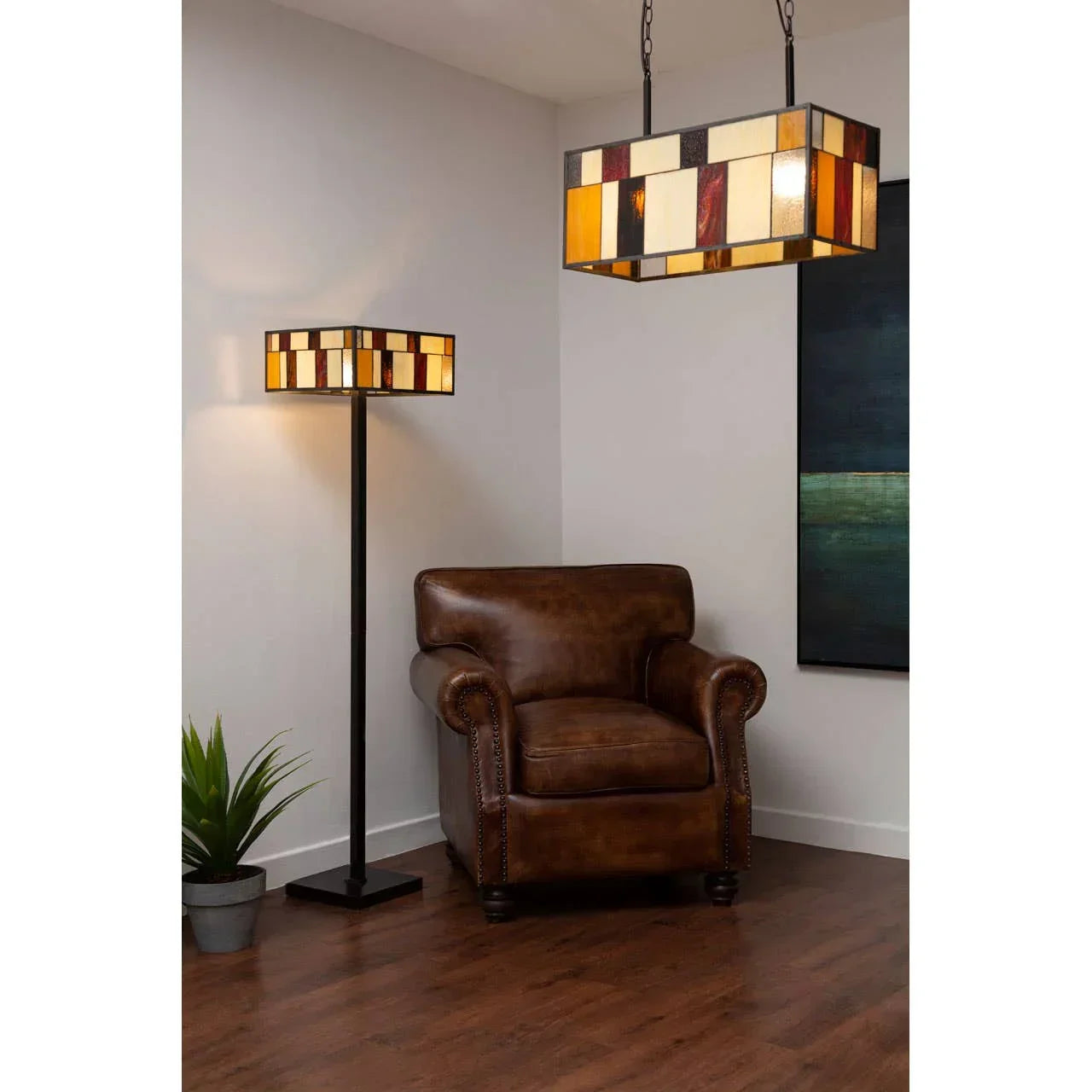 Brown leather armchair with stained glass floor lamp in modern living room