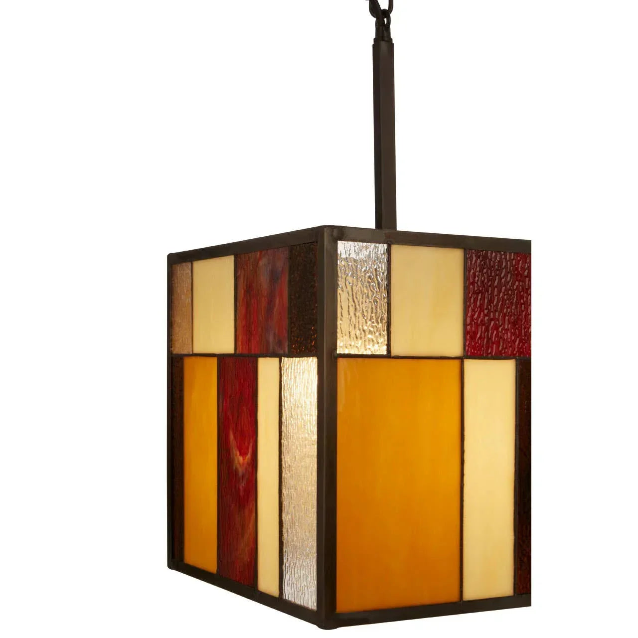 Stained glass pendant light with amber, cream, and red panels in rectangular design