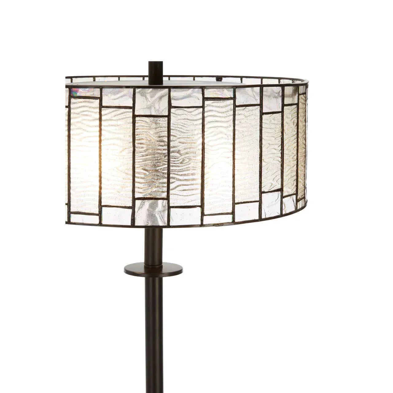 Floor lamp with stained glass drum shade and dark metal stand