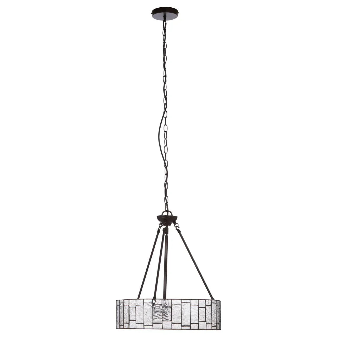 Modern pendant light with stained glass shade and black metal chain hanging from ceiling