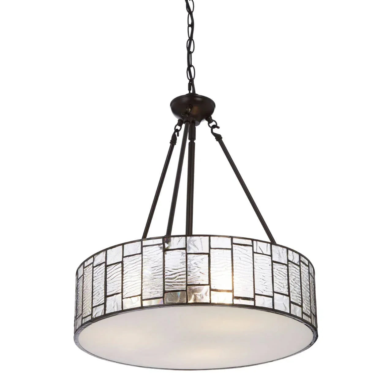 Glass panel pendant light with black metal frame and frosted diffuser, hanging from chain